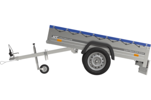 Garden Trailer 200 Kipp Einachsanhänger mit Stützrad und blauer Flachplane